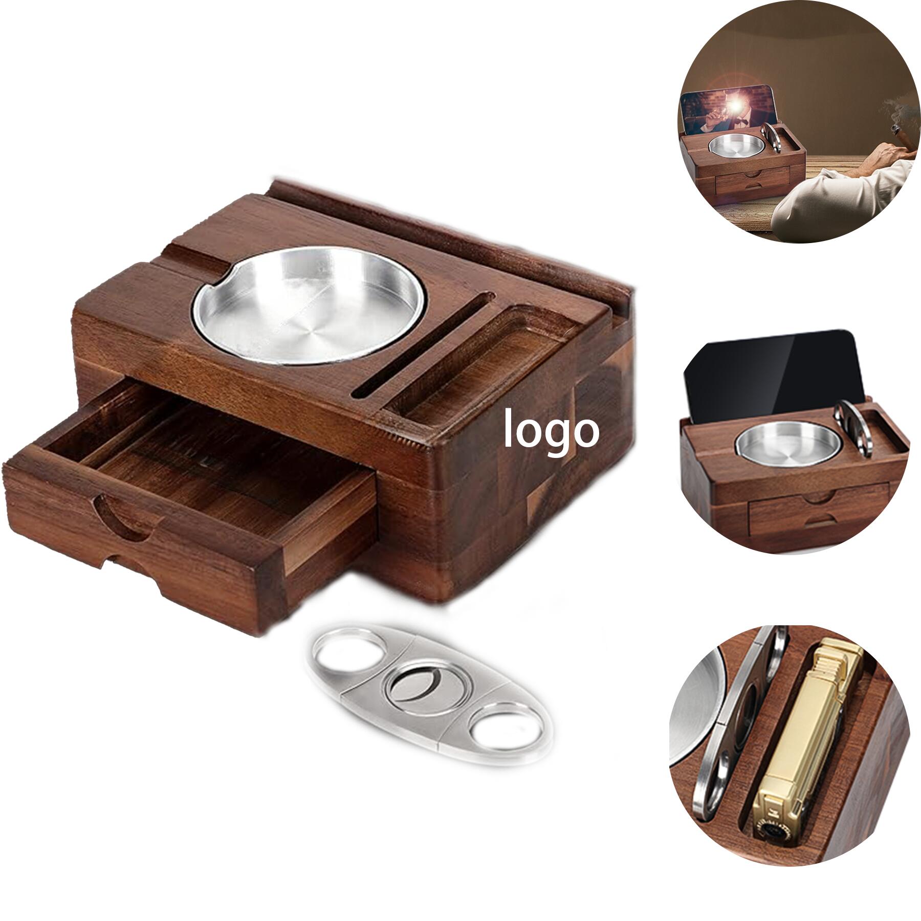Wooden Cigar Ashtray with Drawer