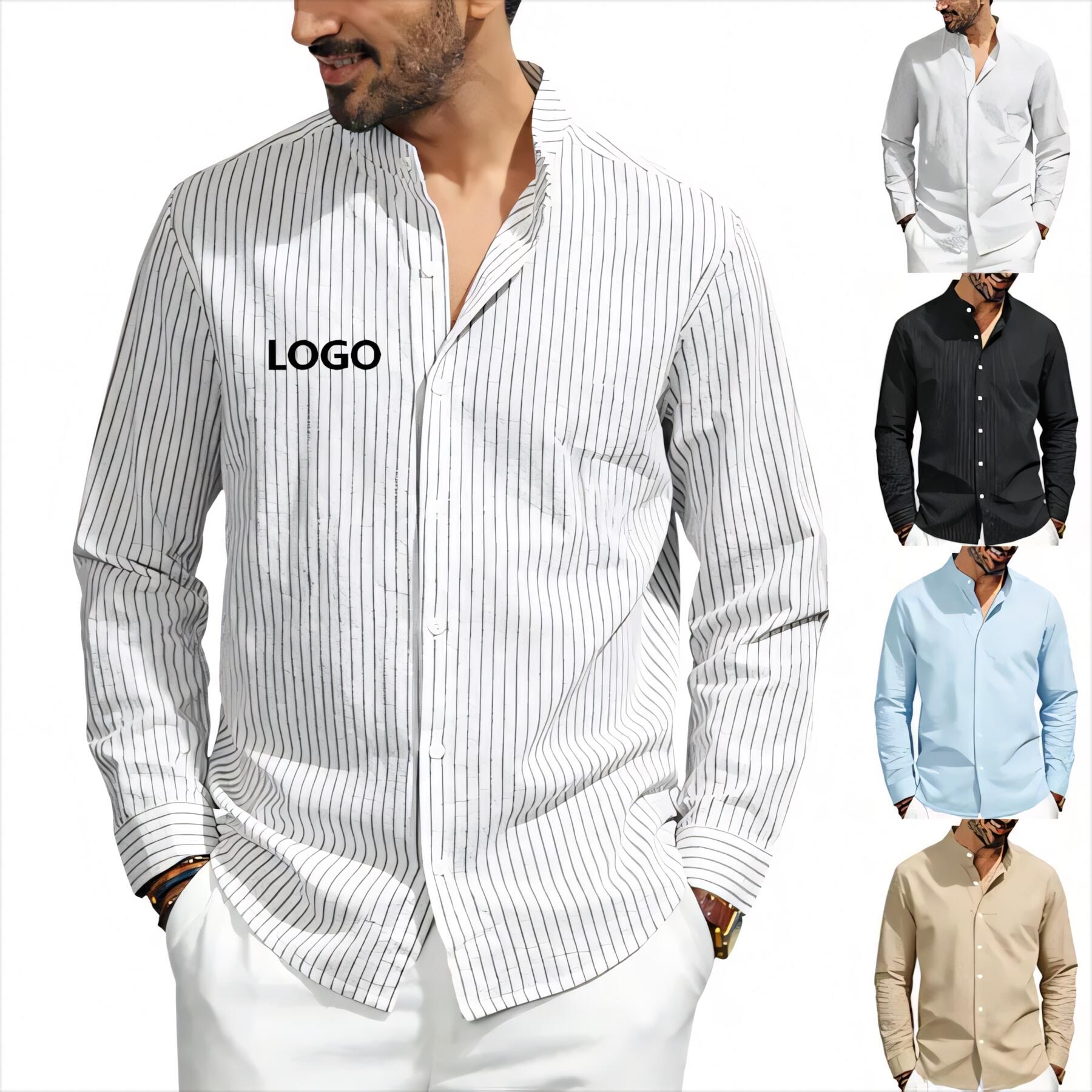 Men's Striped Linen Stand-Collar Shirt