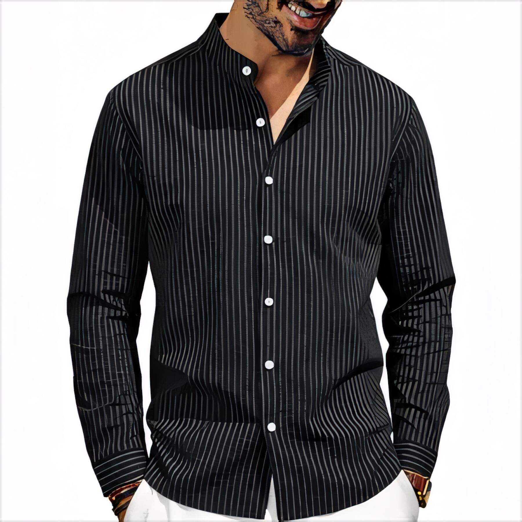 Men's Striped Linen Stand-Collar Shirt