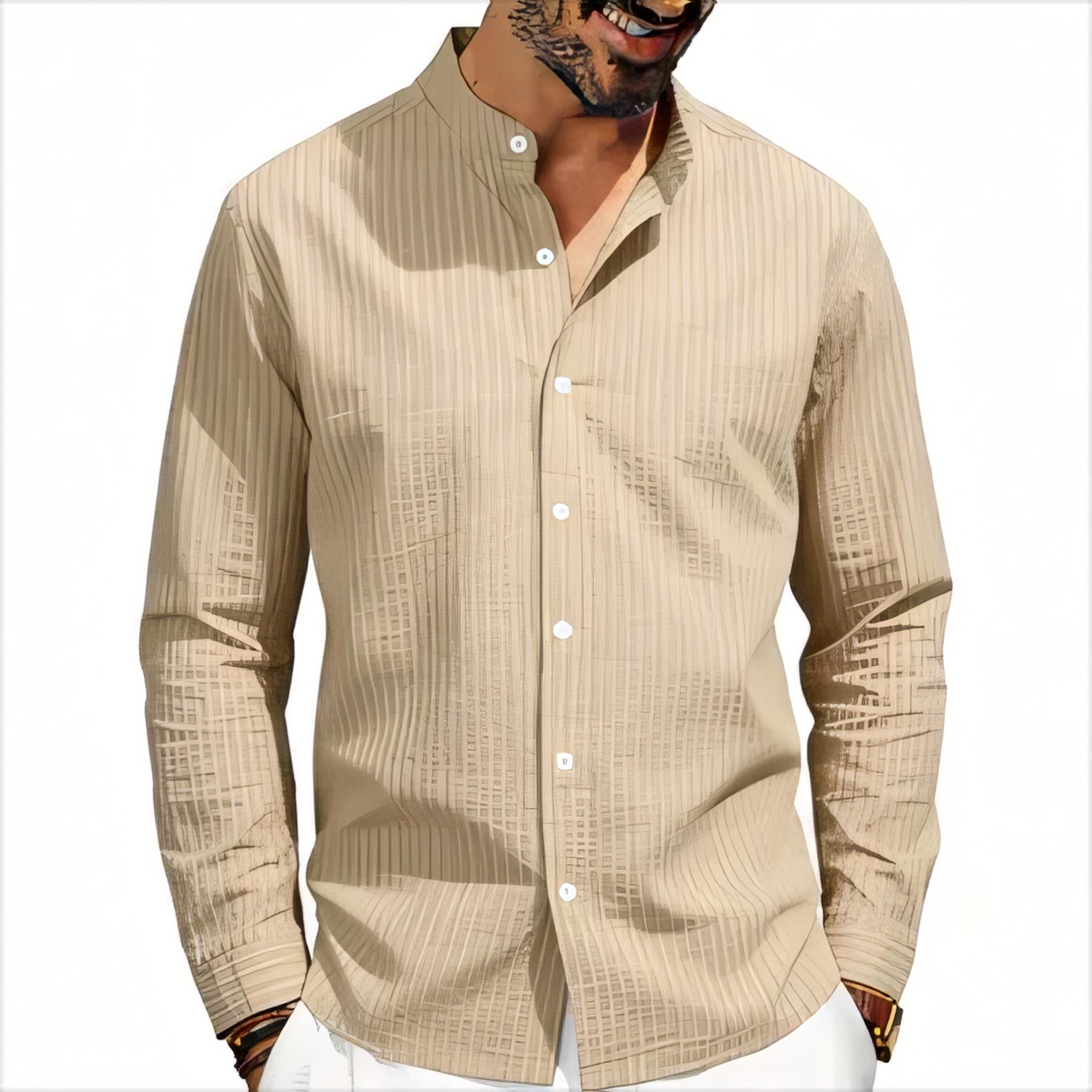 Men's Striped Linen Stand-Collar Shirt