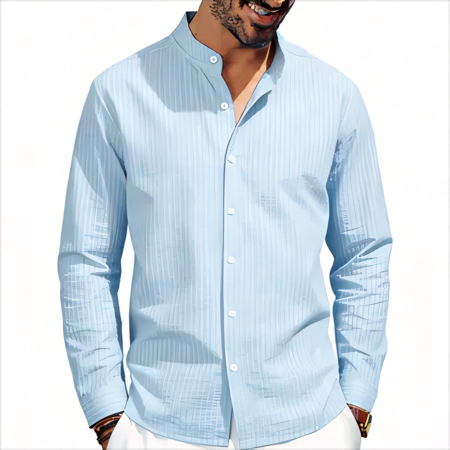 Men's Striped Linen Stand-Collar Shirt