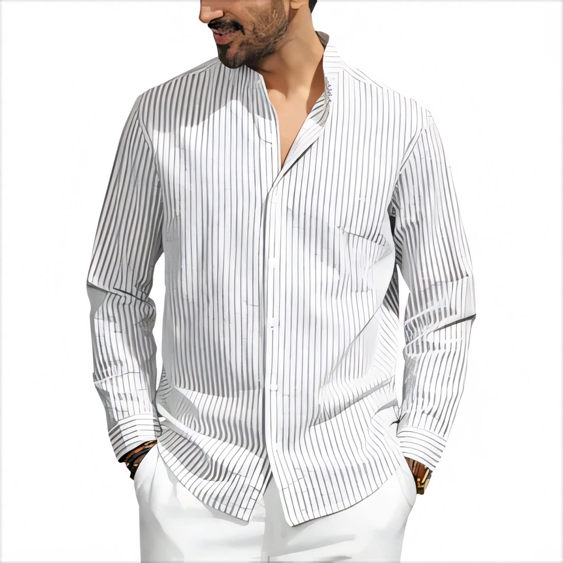 Men's Striped Linen Stand-Collar Shirt